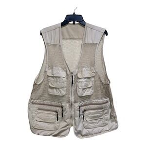 Mesh Tactical Fly Fishing Vest Jacket With 12 Pockets Beige Mens XL
